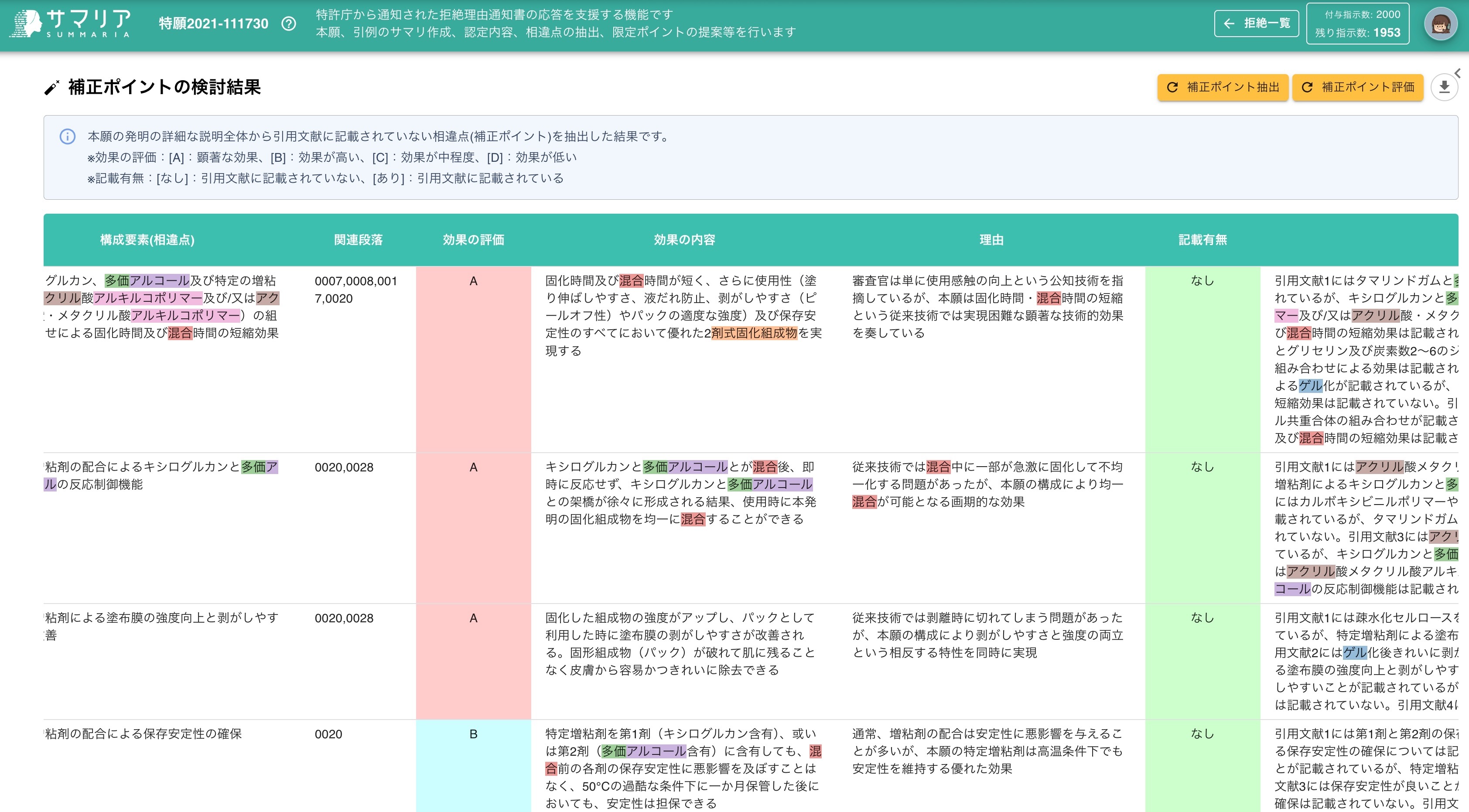 拒絶解析レポートの内容確認 | 特許文書読解アシスタント・サマリア