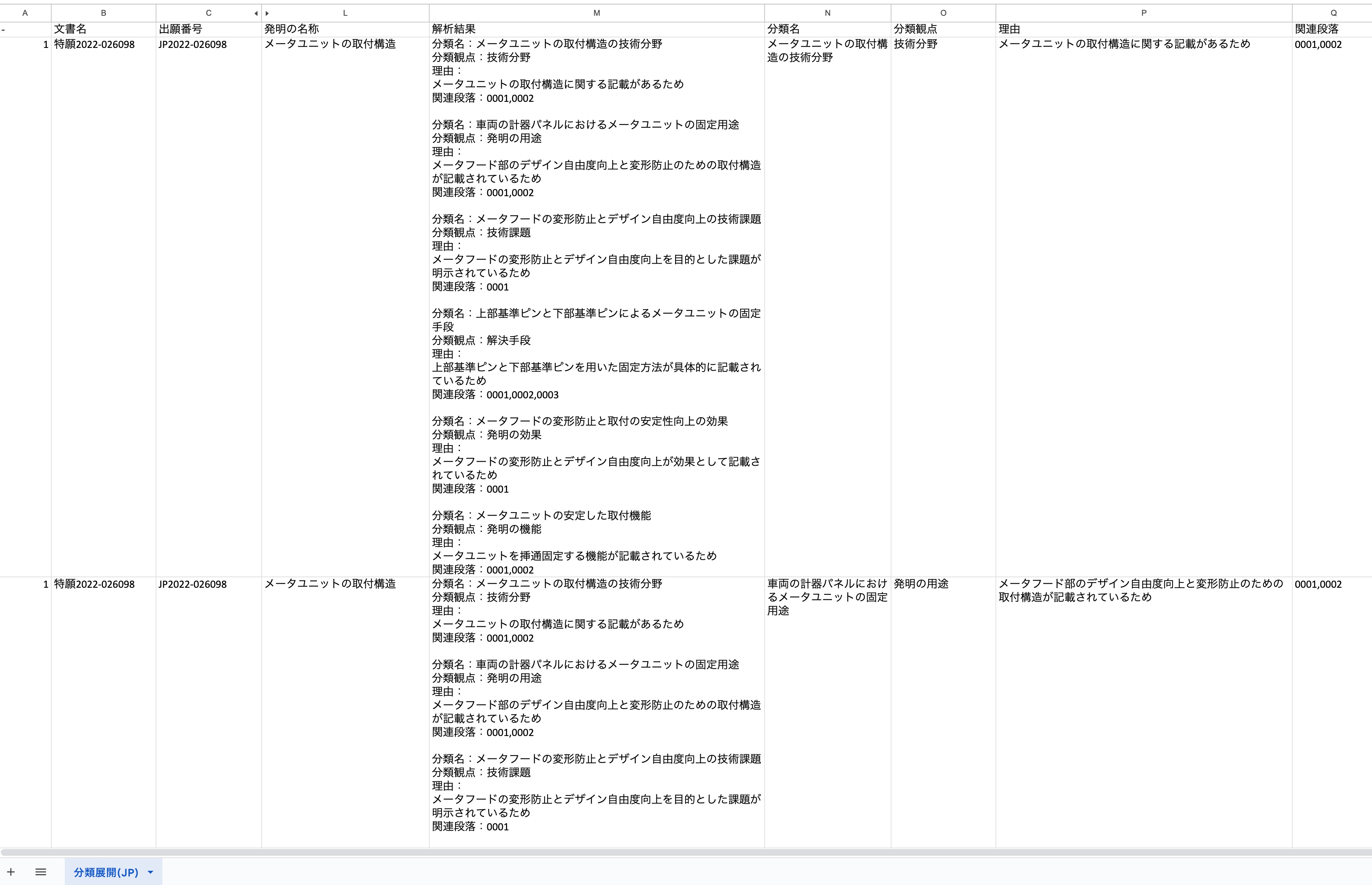 クリックで拡大表示 一括指示ツールでの「分類展開」の出力結果