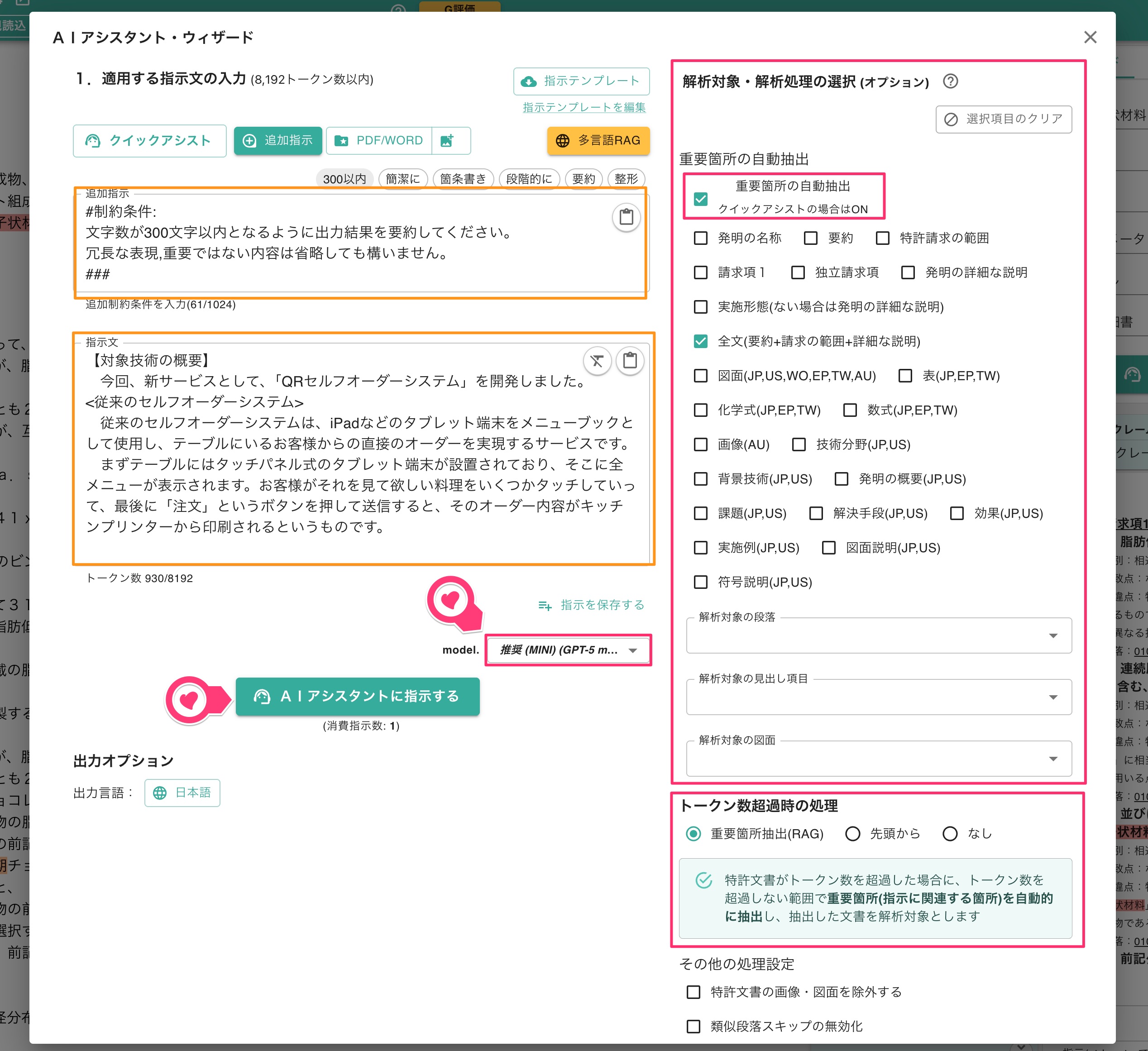 「指示文」や「追加指示」の内容、解析対象・解析処理を確認