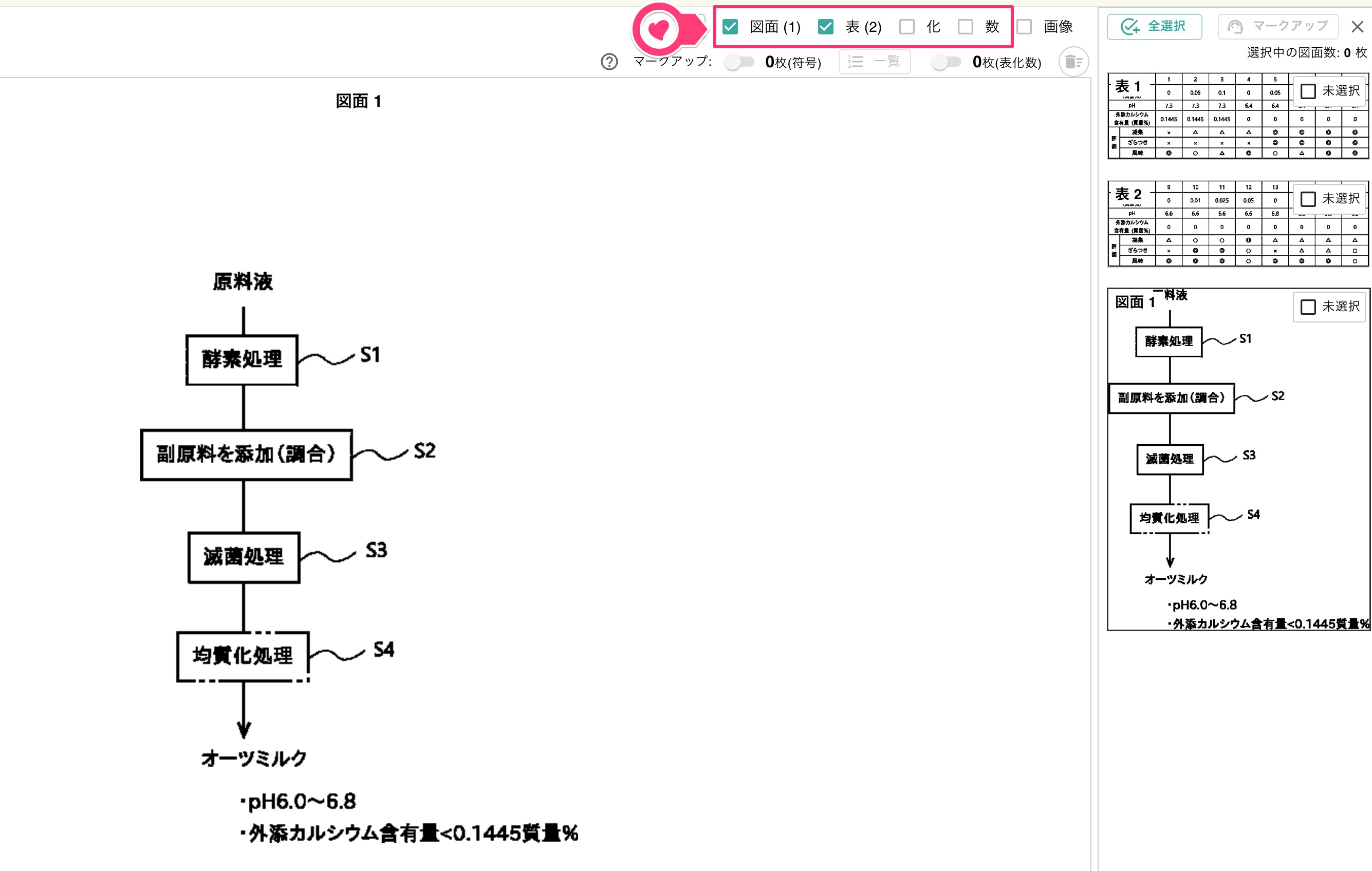 表・化学式・数式のチェックボックスを選択