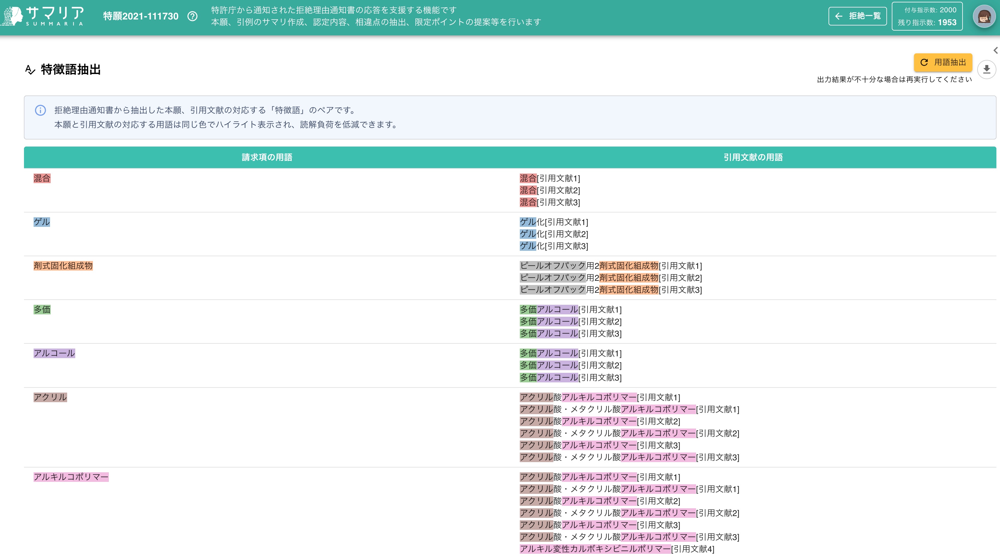拒絶解析レポートの内容確認 | 特許文書読解アシスタント・サマリア