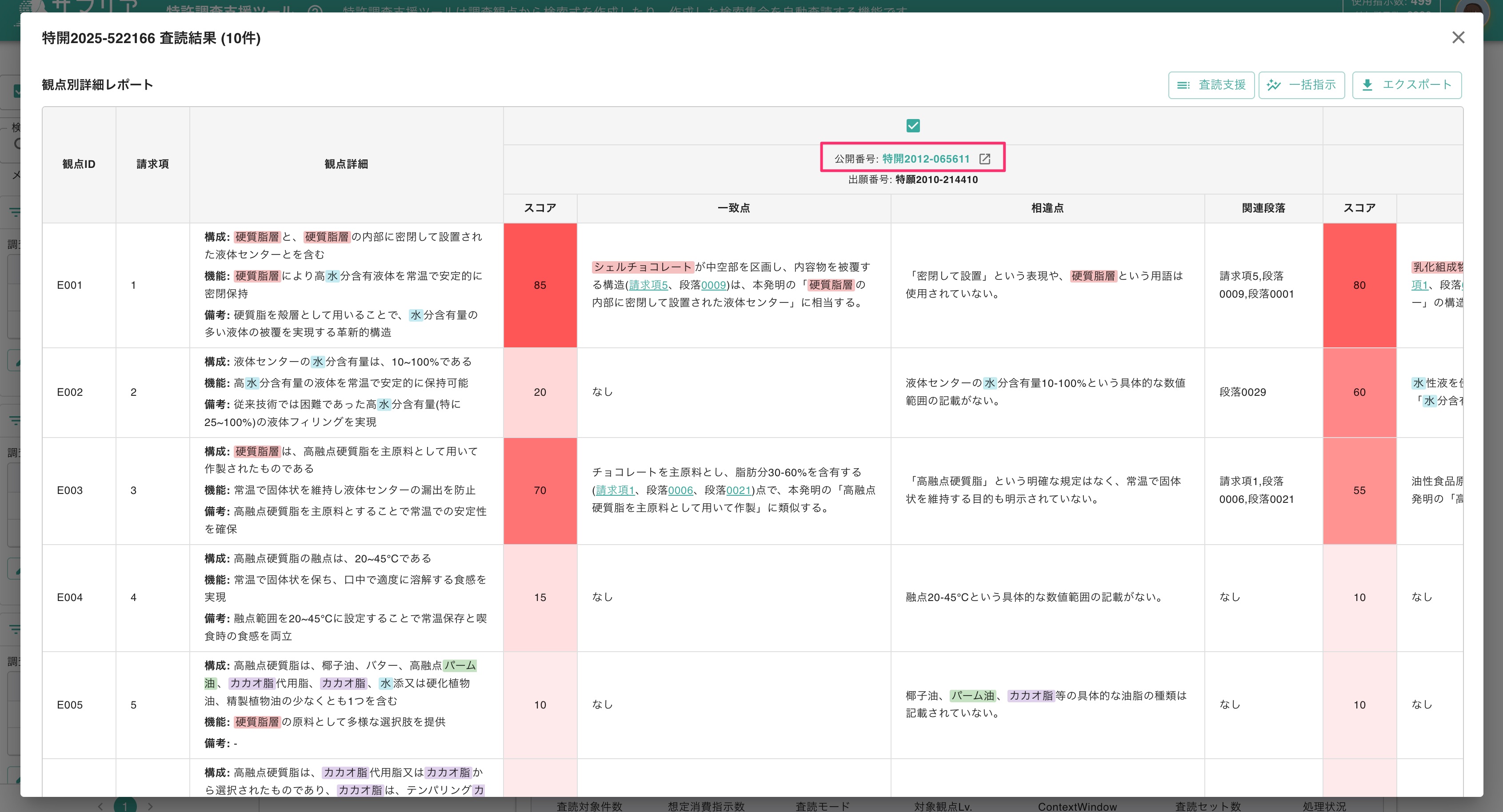 クリックで拡大表示 観点ごとの詳細なクレームチャート